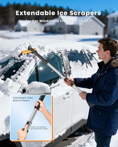 Extendable 43.7" Ice Scraper & Snow Brush for Car Windshield - 12 Lengths, Foam