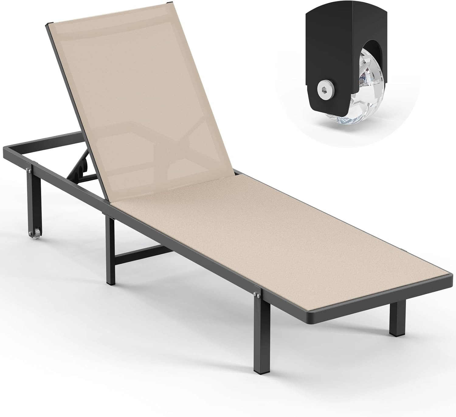 Lounge Chair Outdoor with Wheels, Aluminum Patio Chaise Lounge Chair with 5 Adju