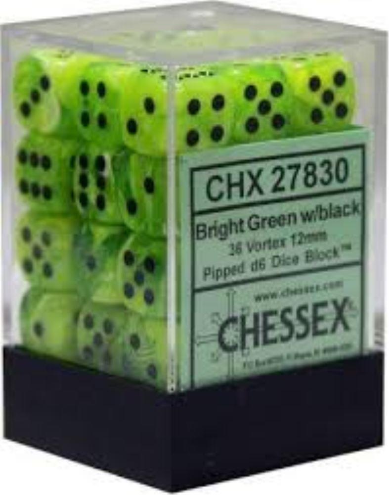 Chessex Dice (36) Block Sets 12mm D6 Vortex Bright Green/ Black 36 Die CHX 27830