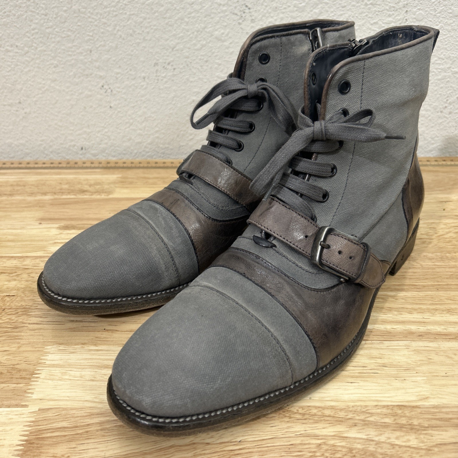John Varvatos Boots Fleetwood Mens 12 Gray Buckle Zip Up Cricket Leather Lace Up