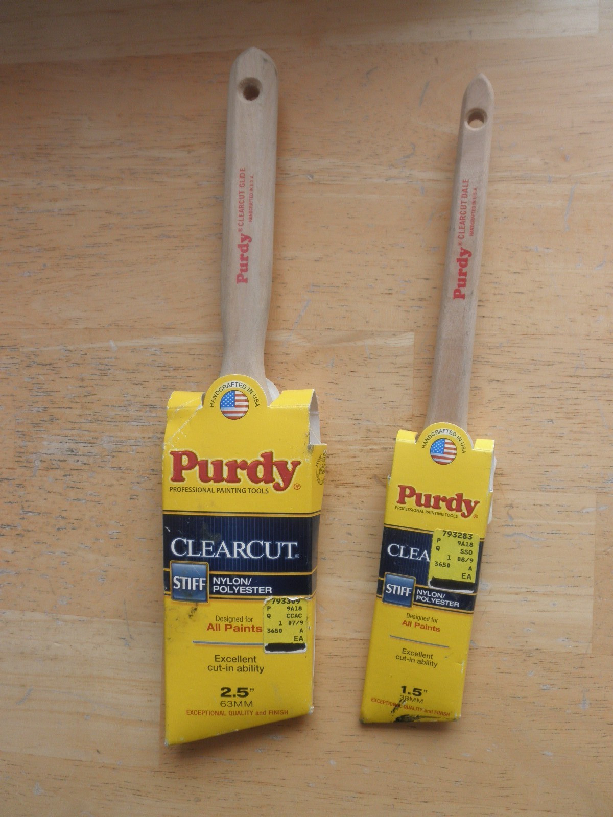 Two Purdy CLEARCUT 2.5" W and 1.5" W- ANGLE Trim Paint Brush Stiff Nylon Poly