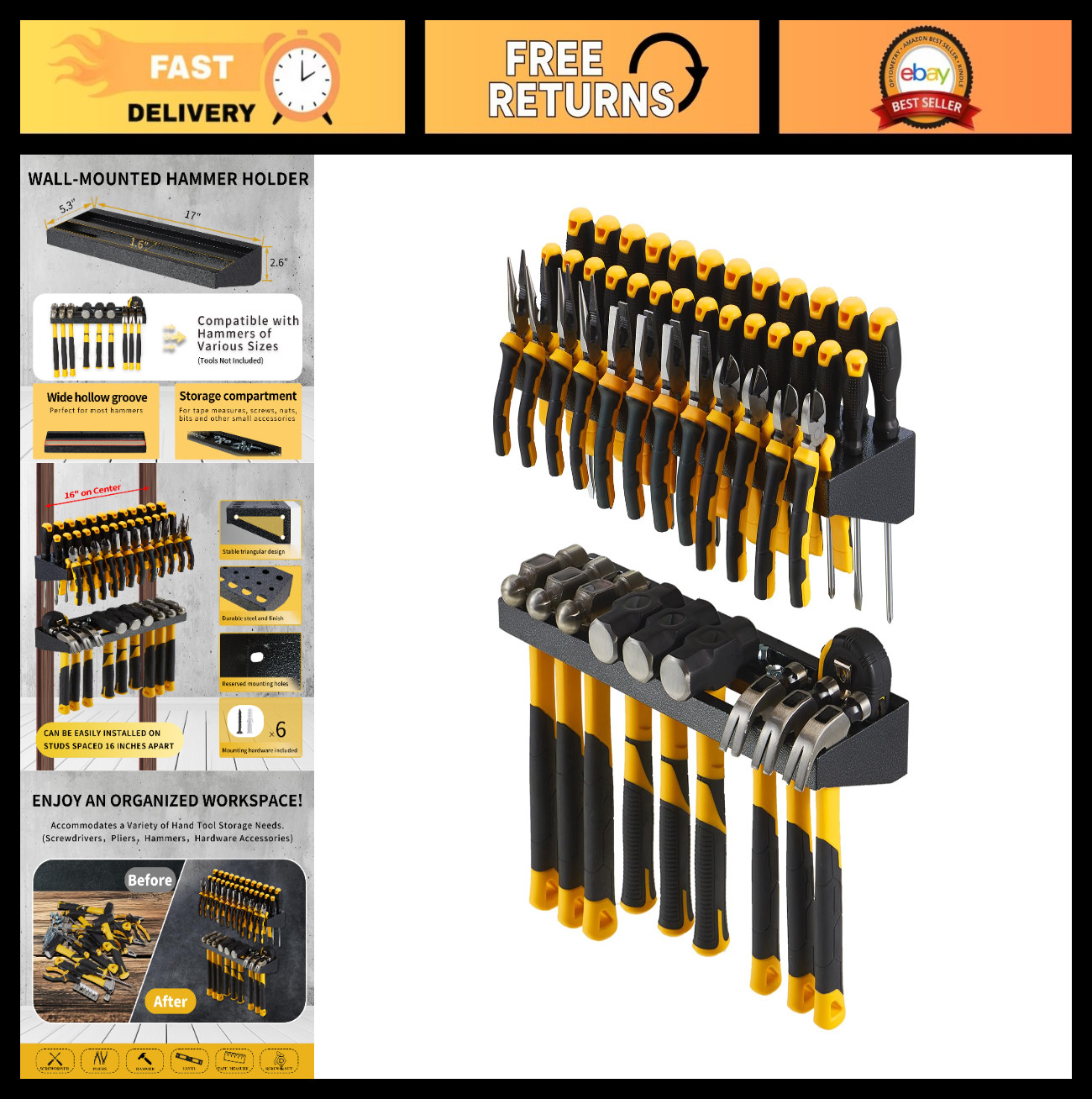 Heavy Duty Wall Mount Tool Organizer Set - Screwdriver, Pliers, Hammer Rack for