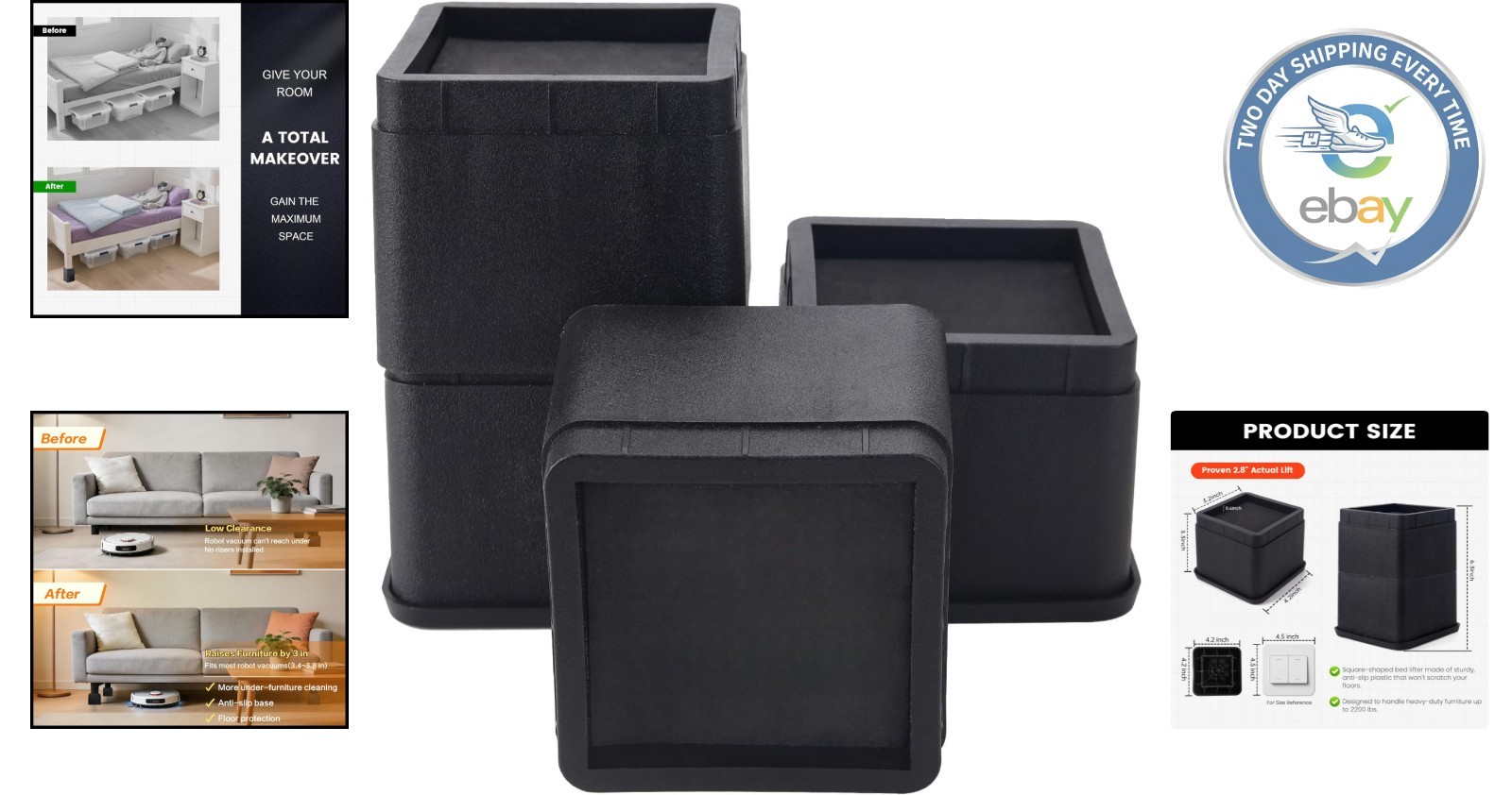 Heavy Duty Bed Risers - Adjustable 3/6 Inch Set for Under-Bed Storage - 4 Pack