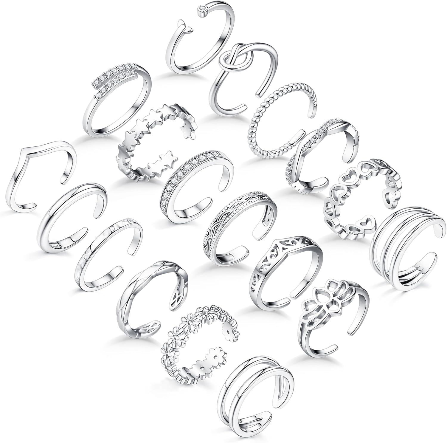 18PCS Toe Rings for Women Non Tarnish Gold/Silver Rings Open Flower CZ Band Toe