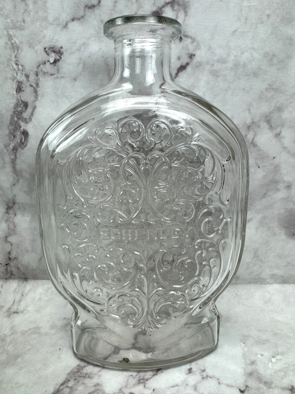 Vintage Schenley Whiskey Liquor Embossed Clear Glass Bottle Decanter No Lid