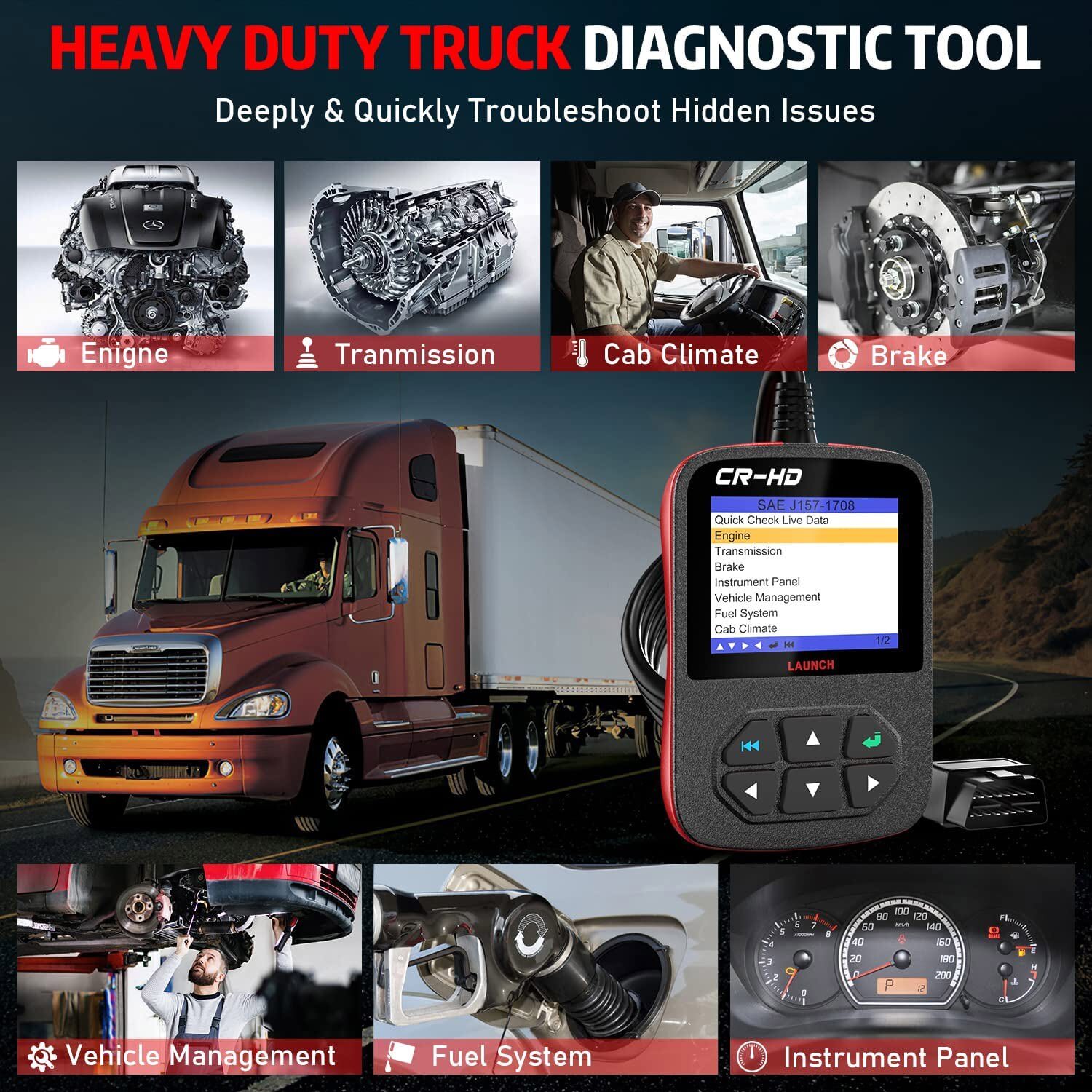 LAUNCH SCANNER CR-HD HEAVY DUTY TRUCK DIAGNOSTIC TOOL OBD2 CODE READER 6&9PIN