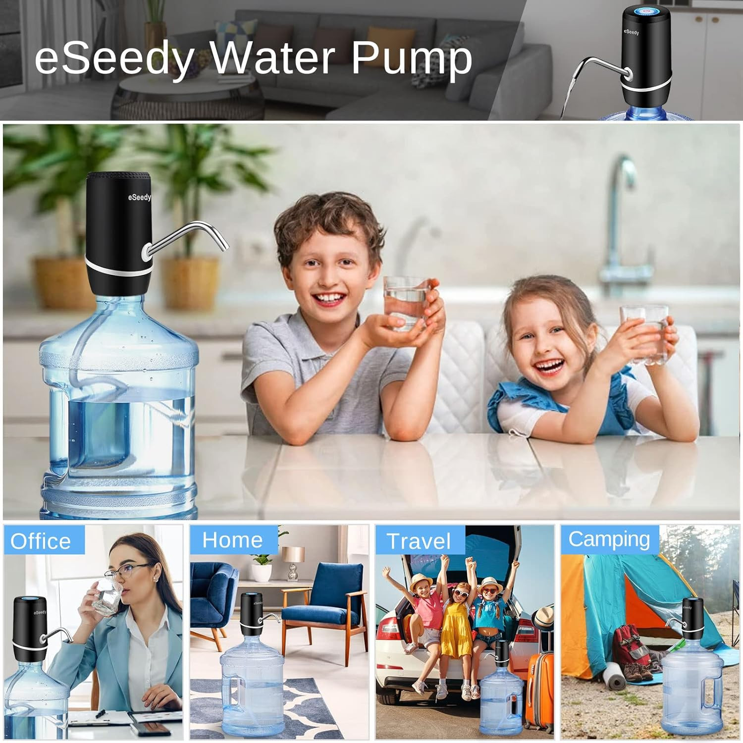 Automatic USB Rechargeable Water Pump for 5 Gallon Bottles - Black