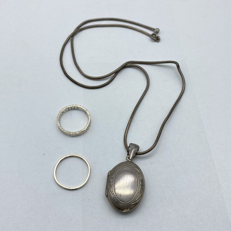 Sterling Silver 925 Jewelry Lot 3 Pieces Locket Necklace & Rings Sizes 5 6
