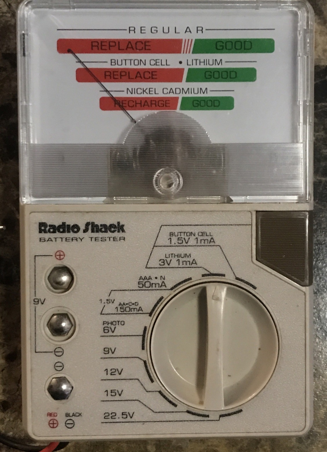 Vintage Radio Shack Battery Tester 1980s Analog AA AAA 9V 1.5V 3V 6V 12V 15V