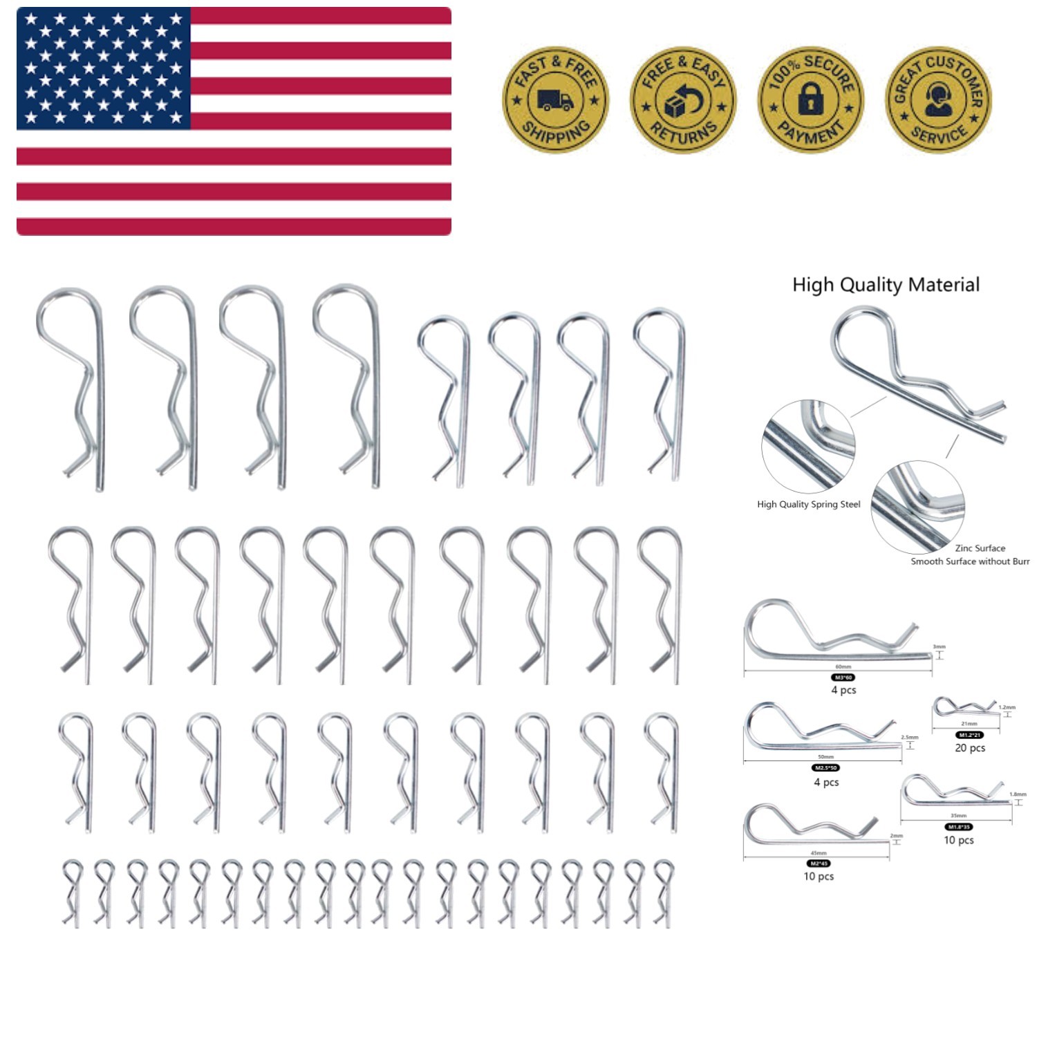48 Pcs Professional Hardware Cotter Pins, R Clips Retaining Pins Tractor Cott...