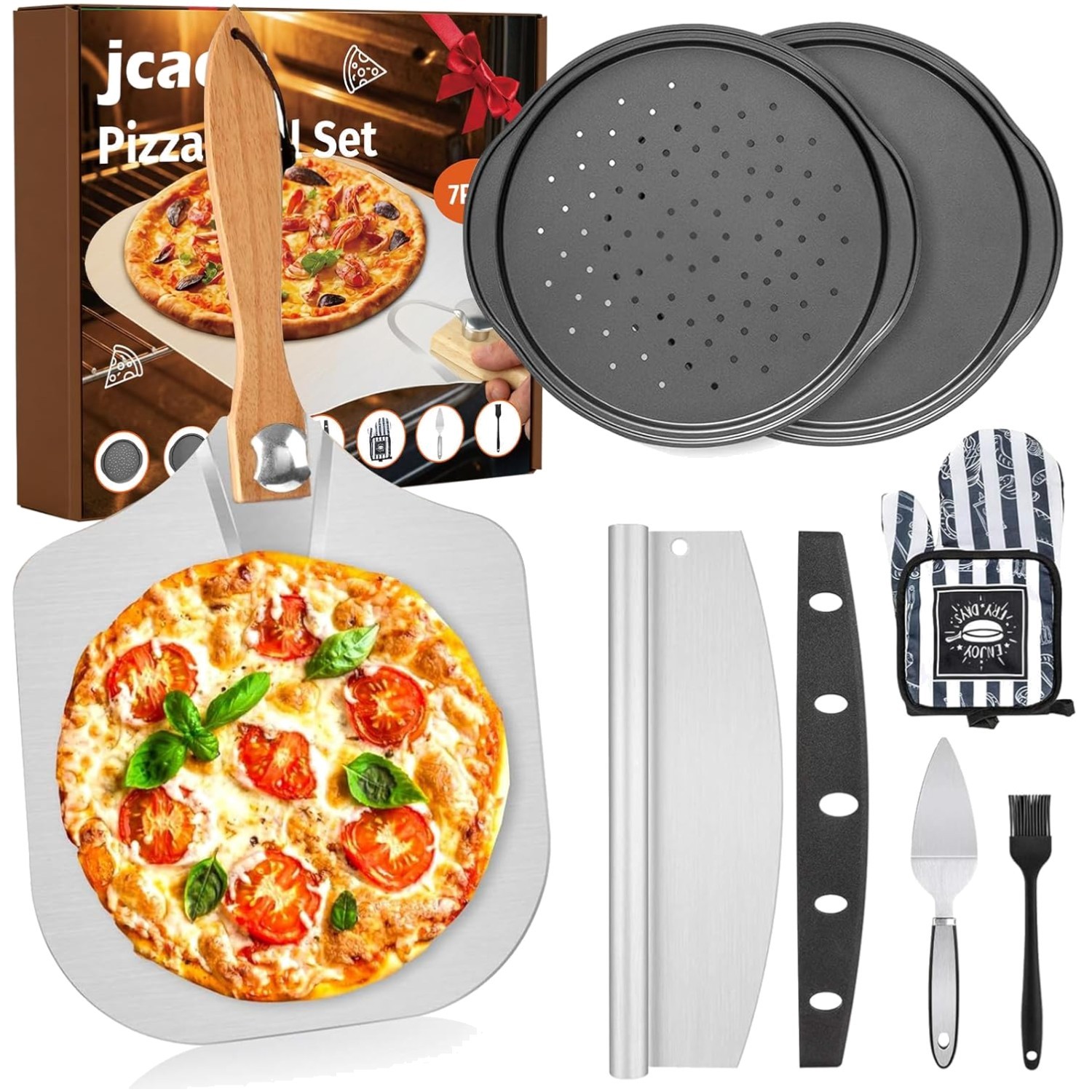 7-Piece  Pizza Peel Set with 12-Inch Metal Paddle & Foldable Handle