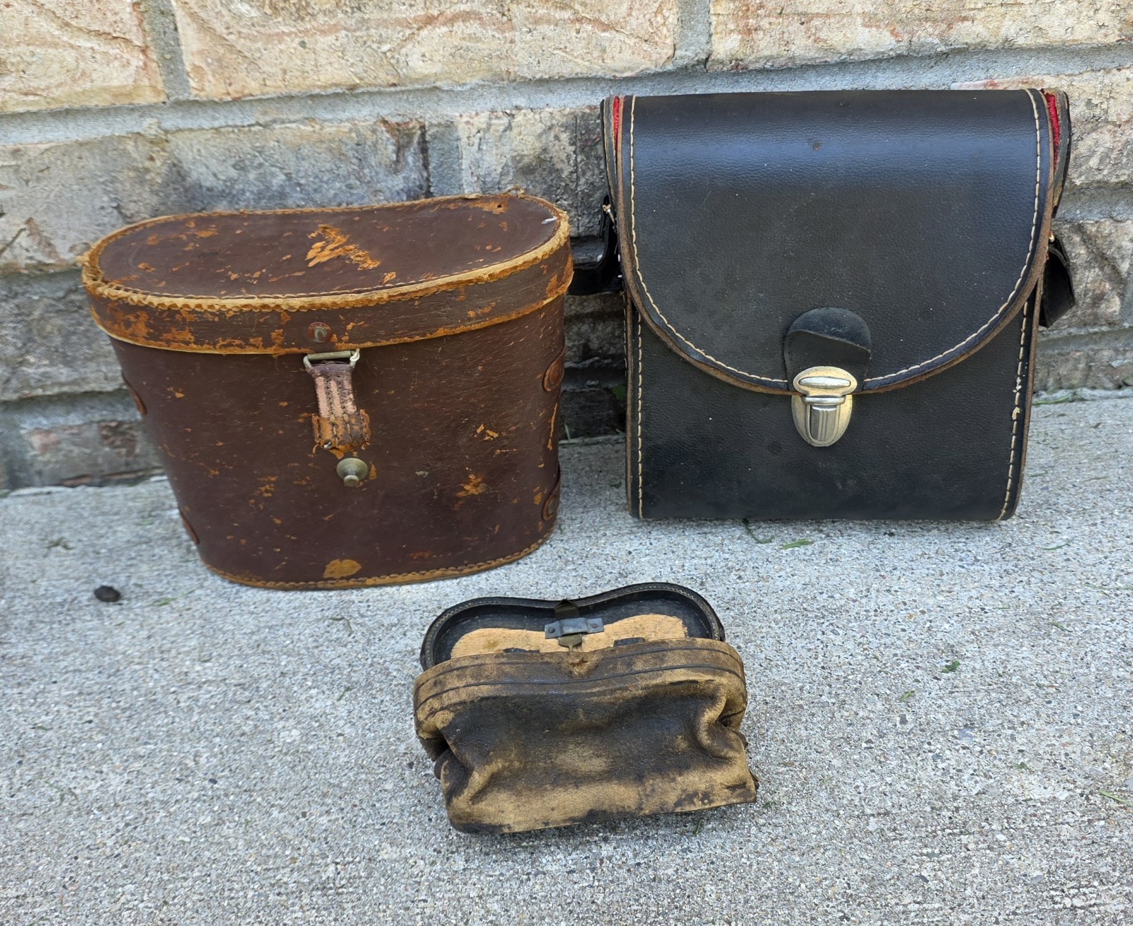 3 VTG Antique Leather Binocular Cases Hard Shell Protective Pouches WWI WWII ERA