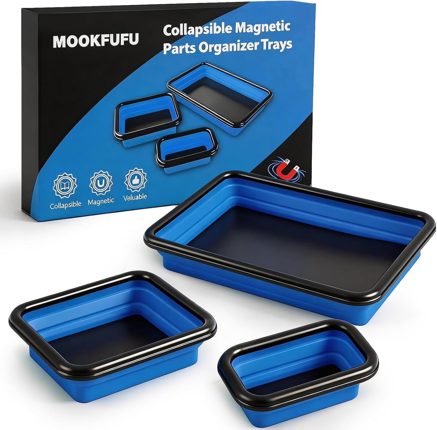 Collapsible Magnetic Parts Tray Set, 3 Different Sizes, Blue | 3 Different Sizes