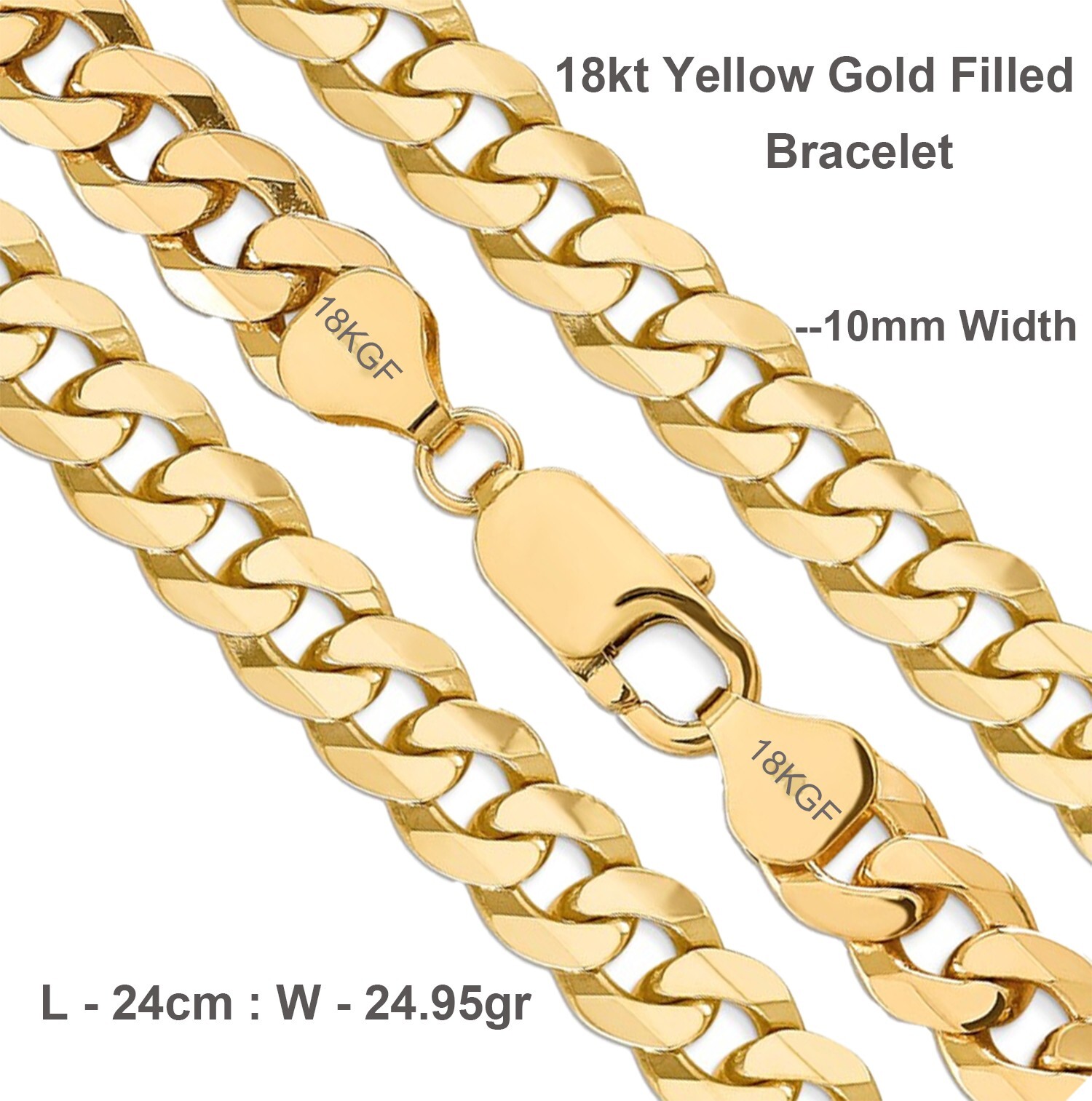 Bangle Real 18K Yellow Gold Filled Solid Men's Statement 10mm Curb Bracelet 24cm