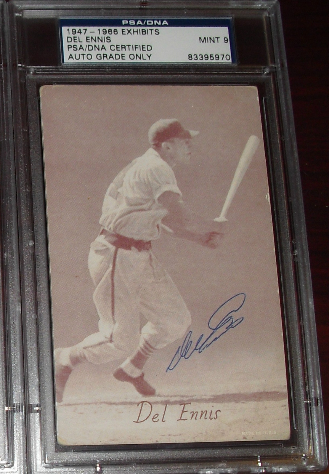 1947-66 Exhibits DEL ENNIS Auto Card PSA MINT 9 PHILLIES THE WHIZ KIDS (d. 1996)