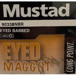 Mustad 90338NBR Eyed Maggot Hooks Barbed 10pk
