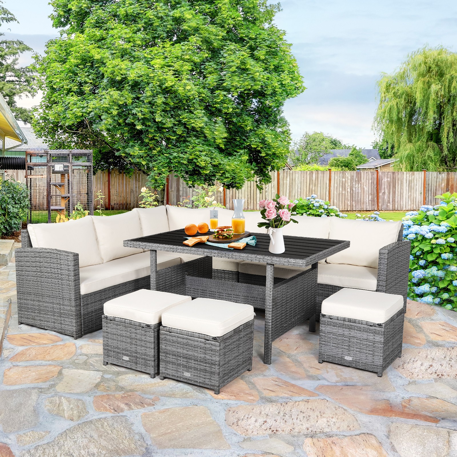 Patiojoy Outdoor Wicker Coversation Set, 7 Piece, with White Cushions