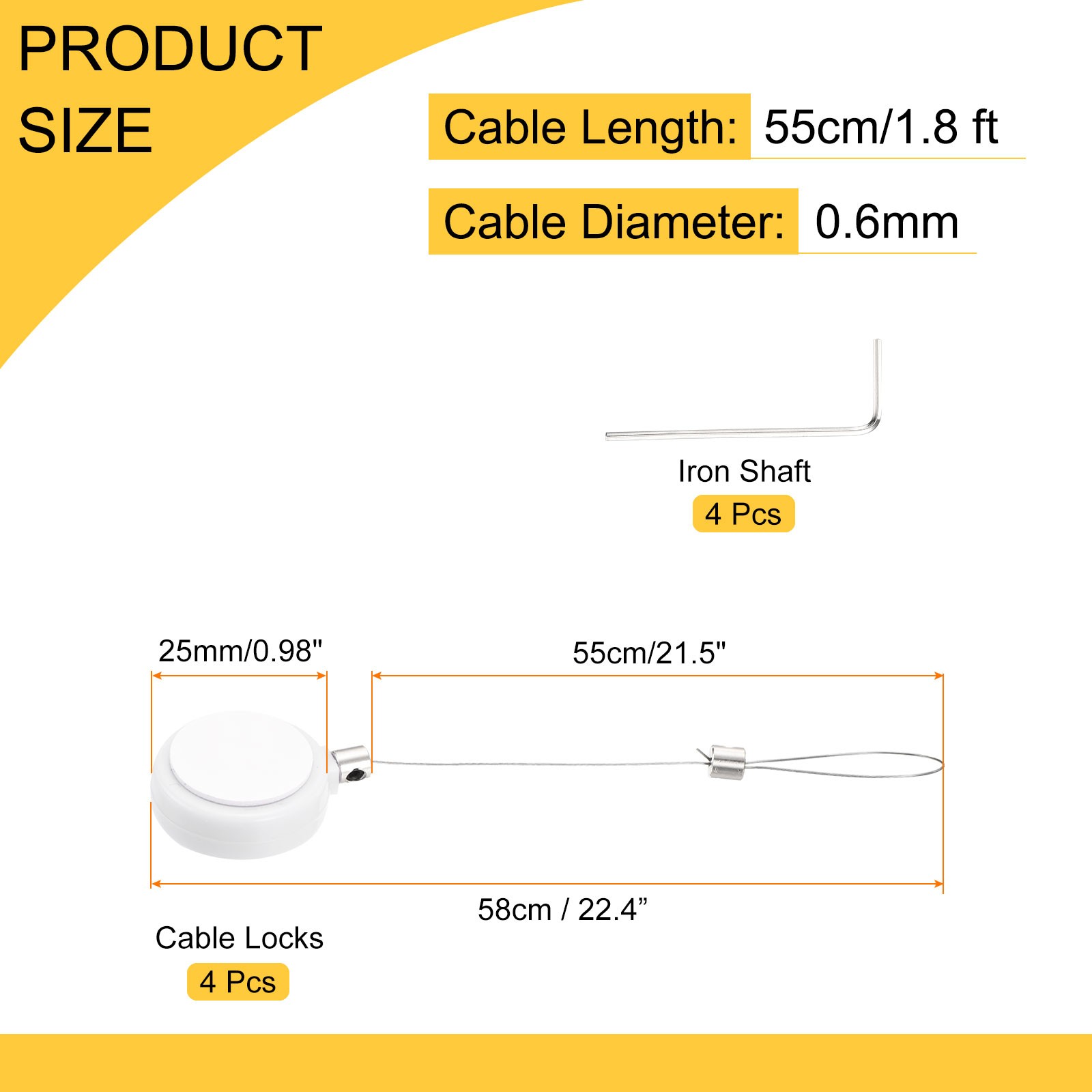 1.8ft Retractable Cable Security Lock with Latch Wrench, White, 4 Pack