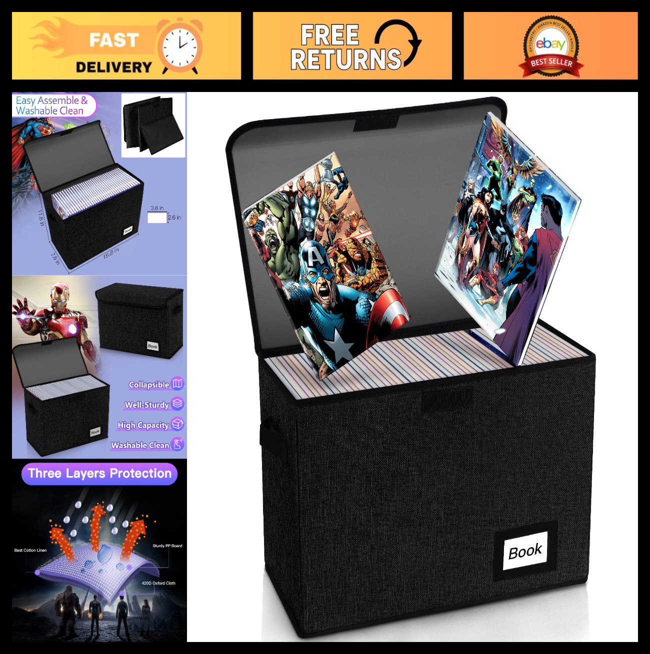 Comic Book Storage Box, Collapsible Organizer for 160-180 Comics, Heavy Duty Bin