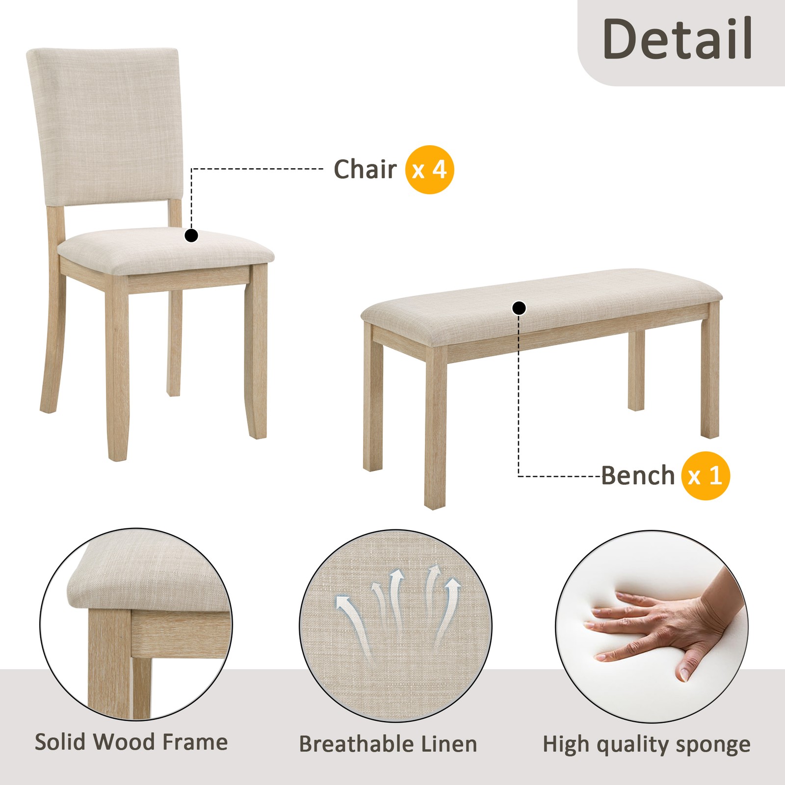 6-Piece Dining Set with Bench & Rectangular Wooden Table & 4 Upholstered Chair