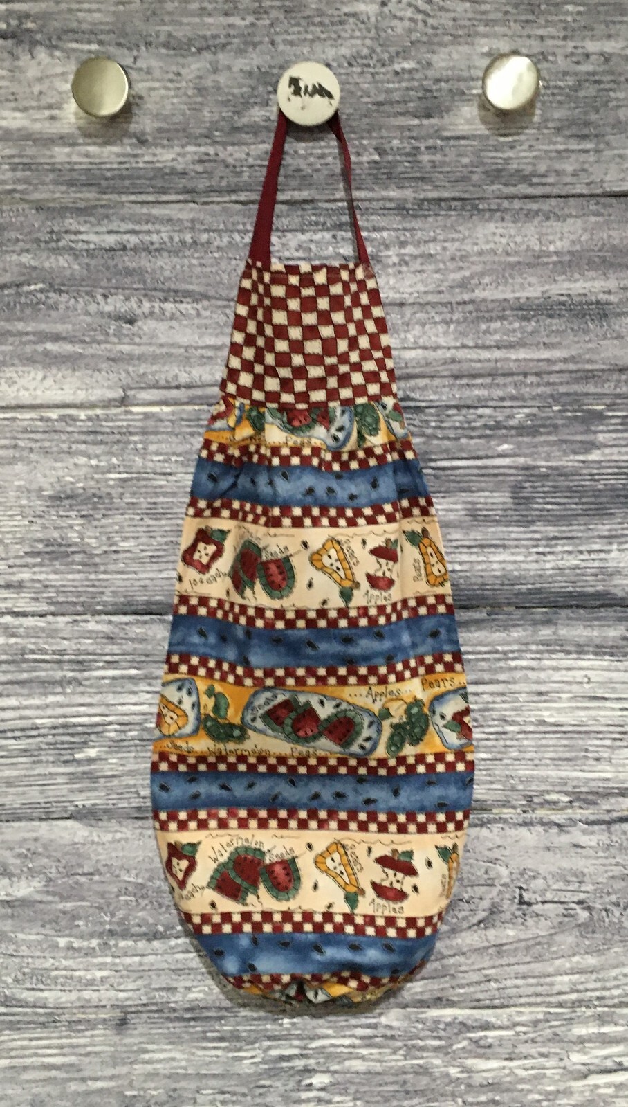 Plastic Grocery Bag Rag Sock Holder Melons Pears Apples Peas Seeds Checks Food