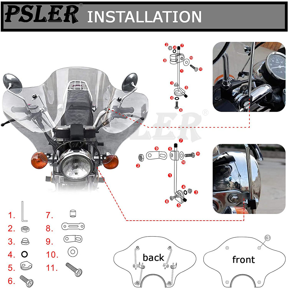 Universal Motorcycle 7/8" Cruiser Windshield Windscreen with Mounting Kit Black