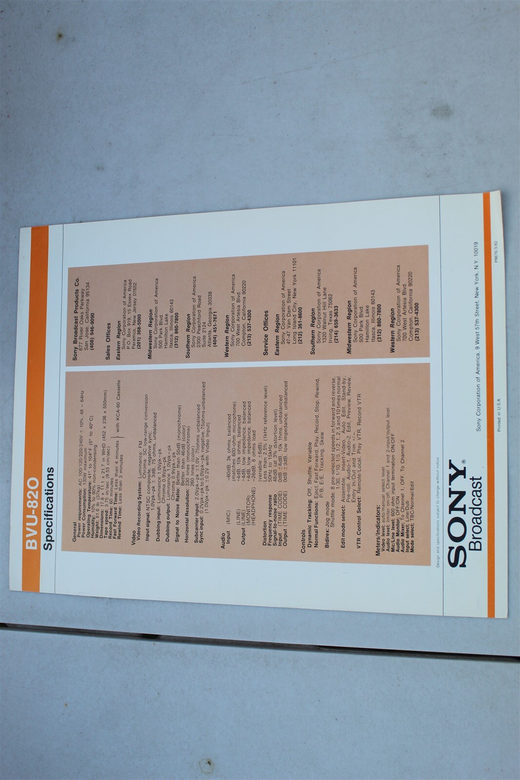 SONY BVU-820 BROADCAST CASSETTE VTR BROCHURE - SPECIFICATION SHEET