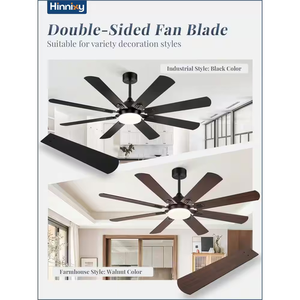 62 In. Outdoor Indoor Black 3-Colors LED 6-Speeds Ceiling Fan with Dual-Finis...
