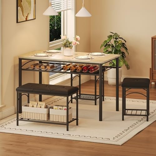 Dining Table Set for 4 with Upholstered Benches and 2 Stools, Modern Grey