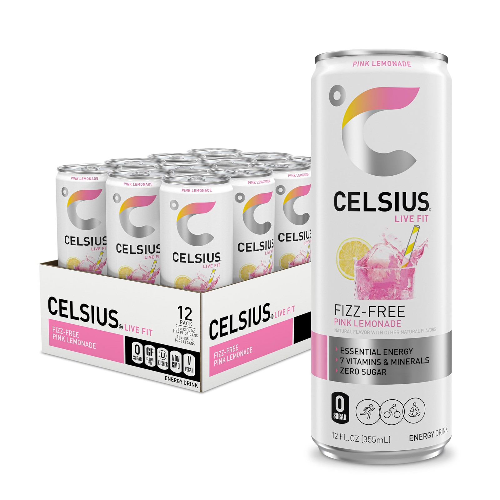 CELSIUS Fizz Free Pink Lemonade, Sugar Energy Drink, 12 Fl Oz No Color
