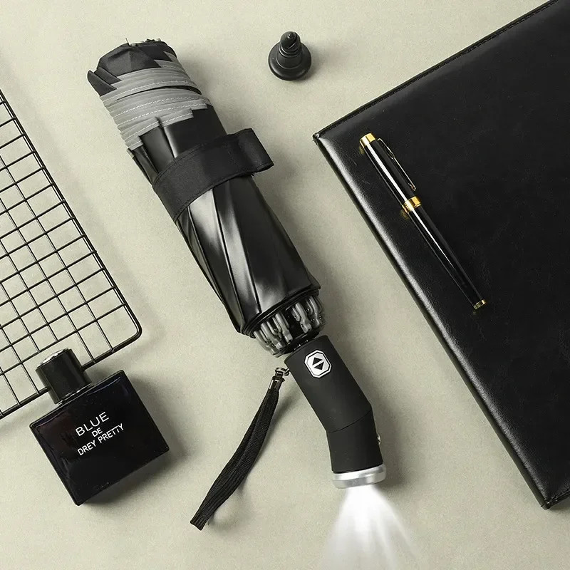 Fully automatic folding waterproof umbrella with LED flashlight and UV protectio