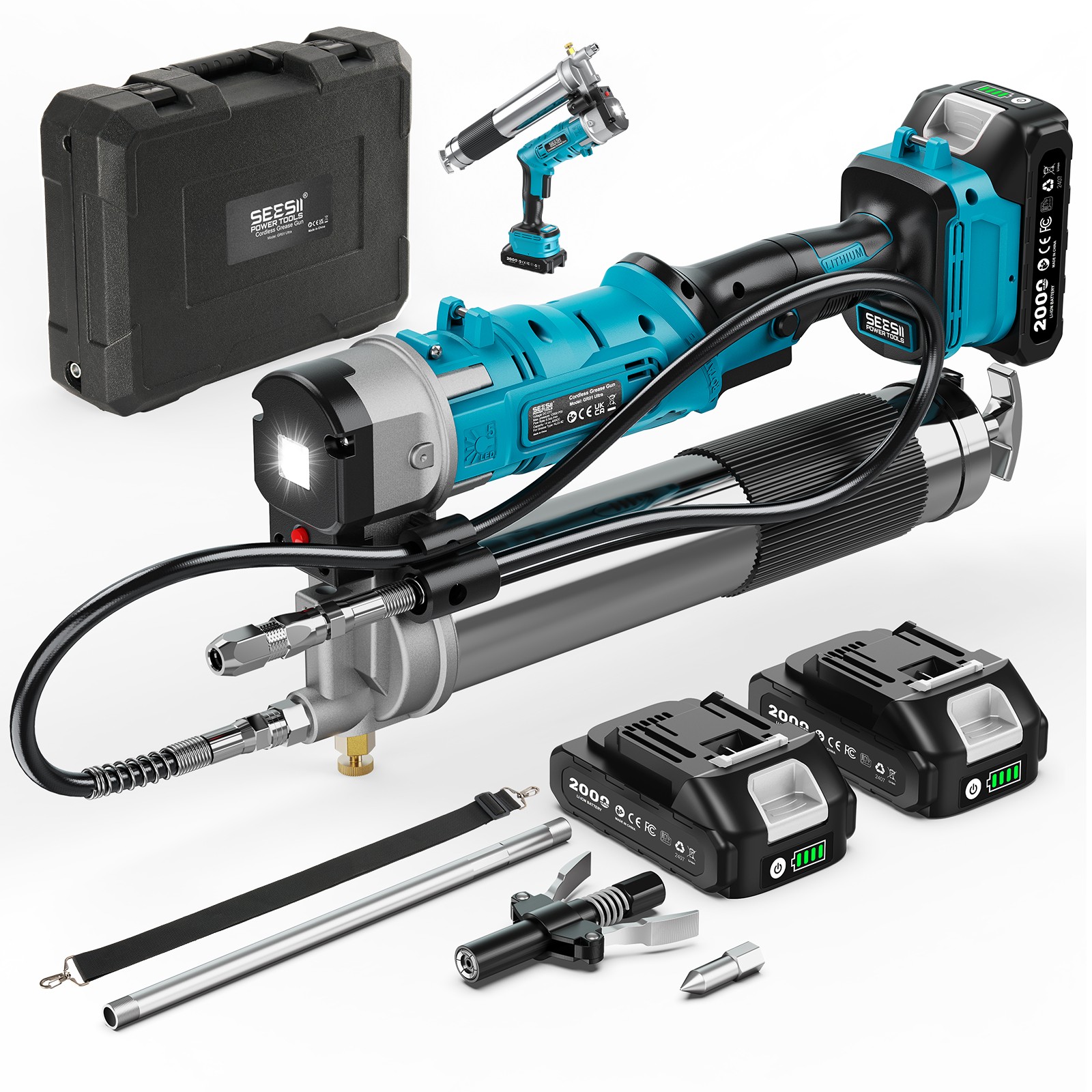 Seesii Grease Gun Battery Powered 10000/12000 PSI Cordless Electric Gun 39" Hose