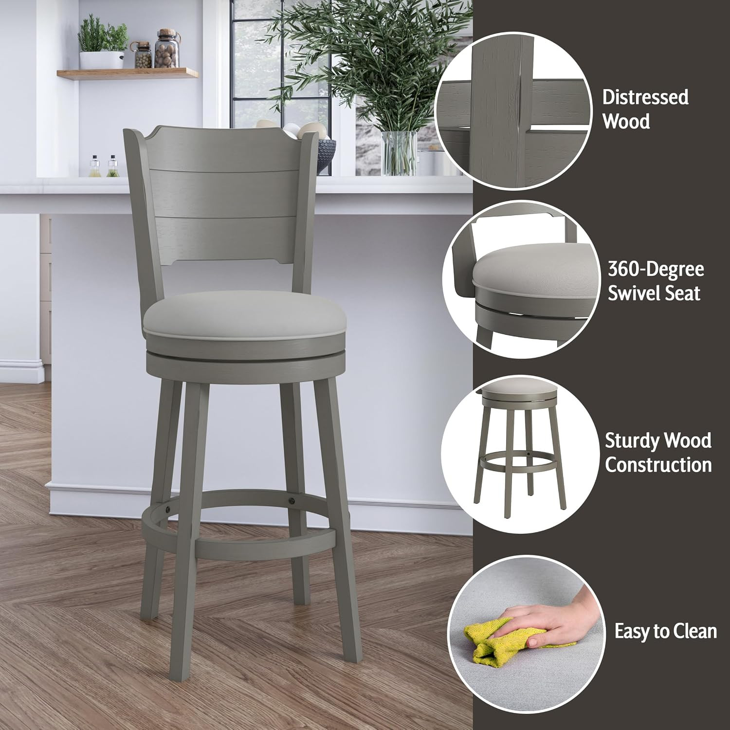 Clarion Wood Swivel Bar Height Stool, Distressed Gray