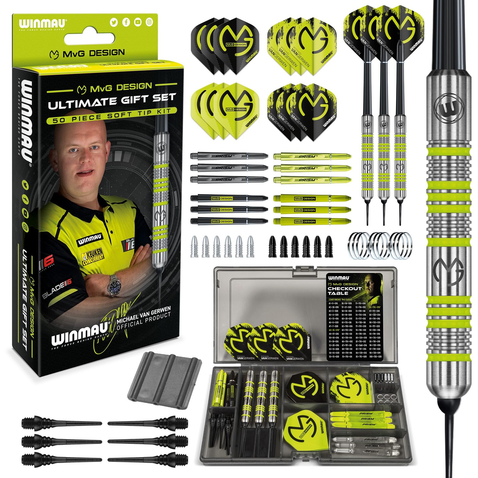 Winmau MvG Softip Darts Set - 50pc Gift Set with 4 Sets Flights & Case