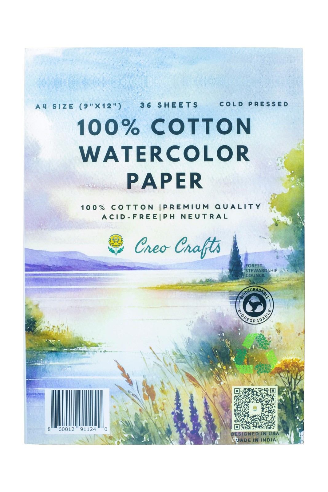100% Cotton Watercolor Paper Pad 9x12” – 36 Sheets A4 Cold Pressed Acid-Free ...
