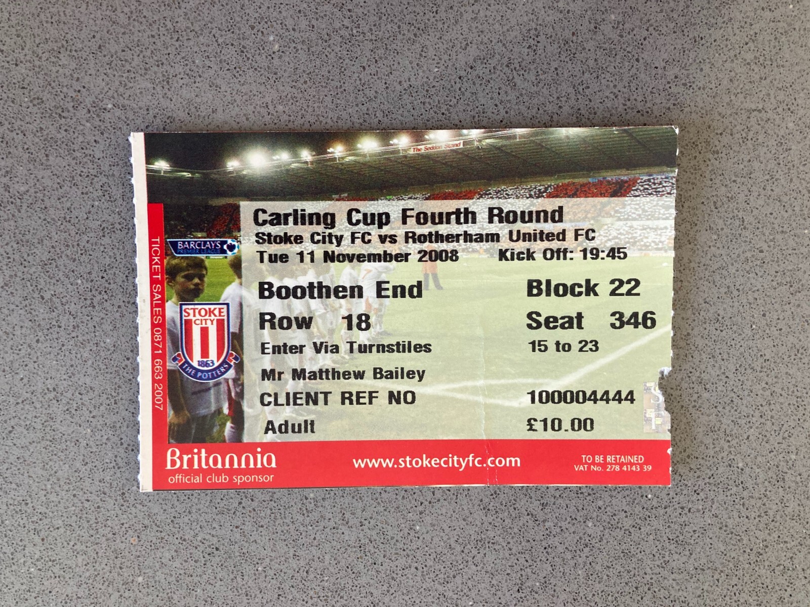Stoke City v Rotherham United 2008-09 Match Ticket