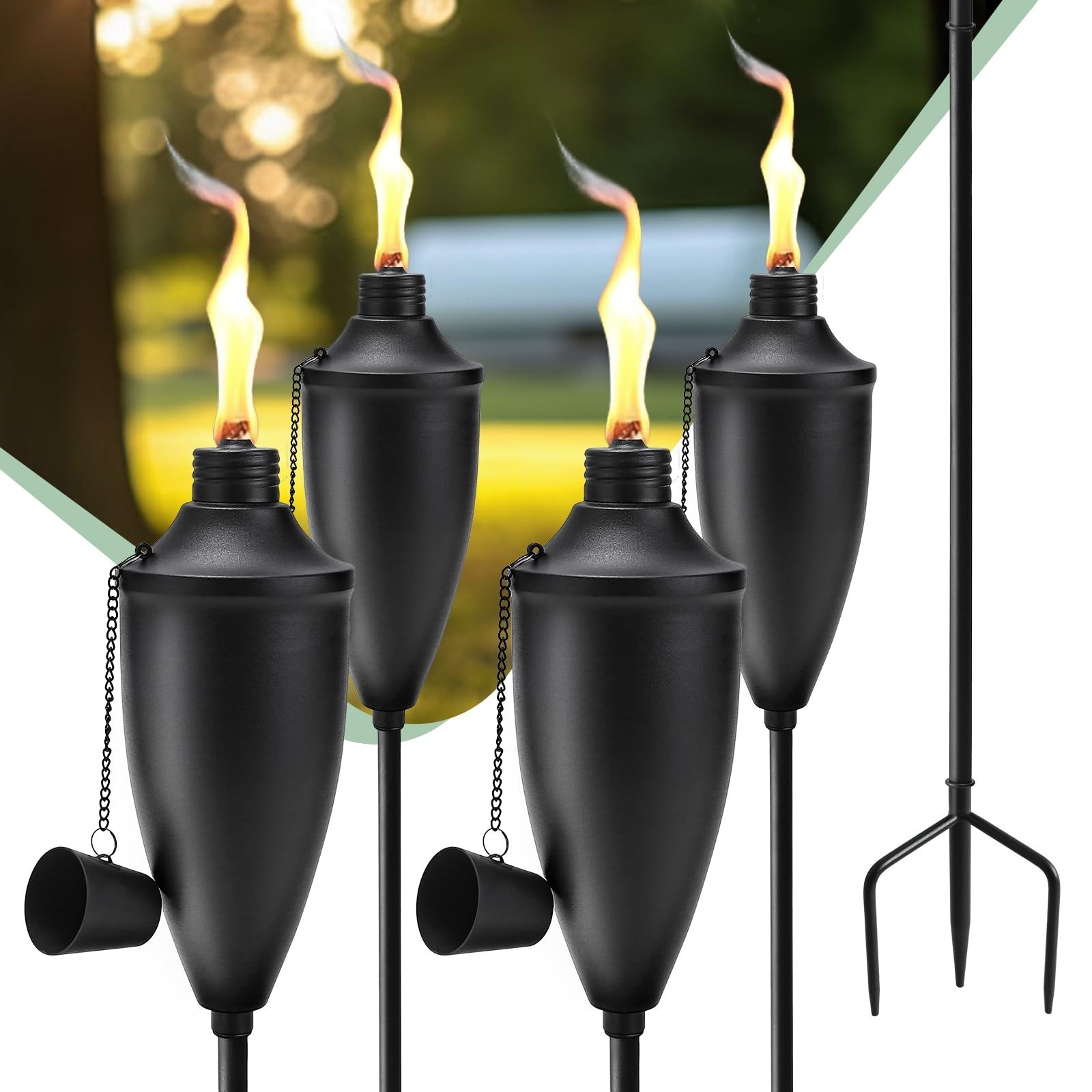 4 Pack Garden Torches for Outside, 22 oz Metal Citronella Torch with 3-Prong ...