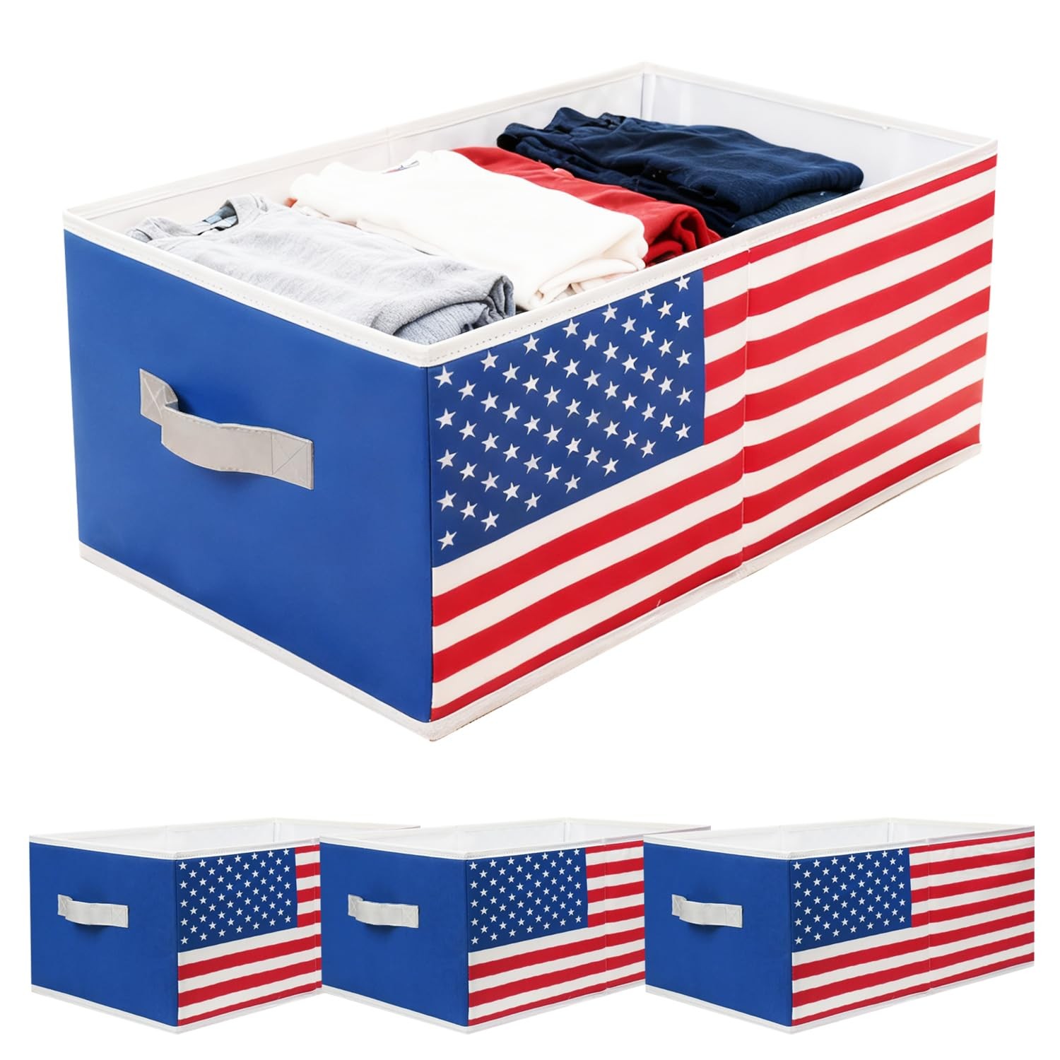 4 Pack Large Oxford Fabric Storage Bins with Beautiful Flag Print, Sturdy Clo...