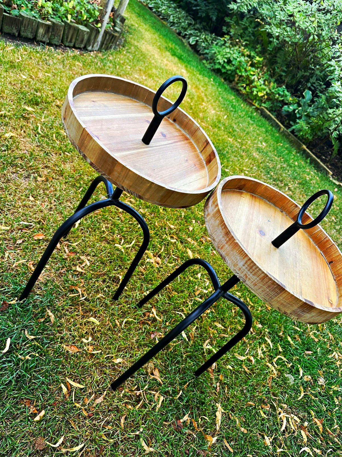 Set of 2 Rustic Round Wood Tray Plant Stands Black Metal Farmhouse Accent Tables