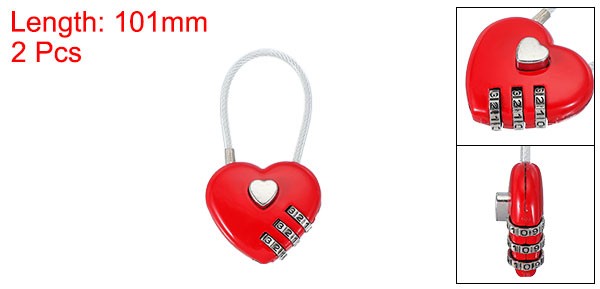 2 Pack Heart Padlock Heart Shape Love Lock Combination Lock Locker Locks Red