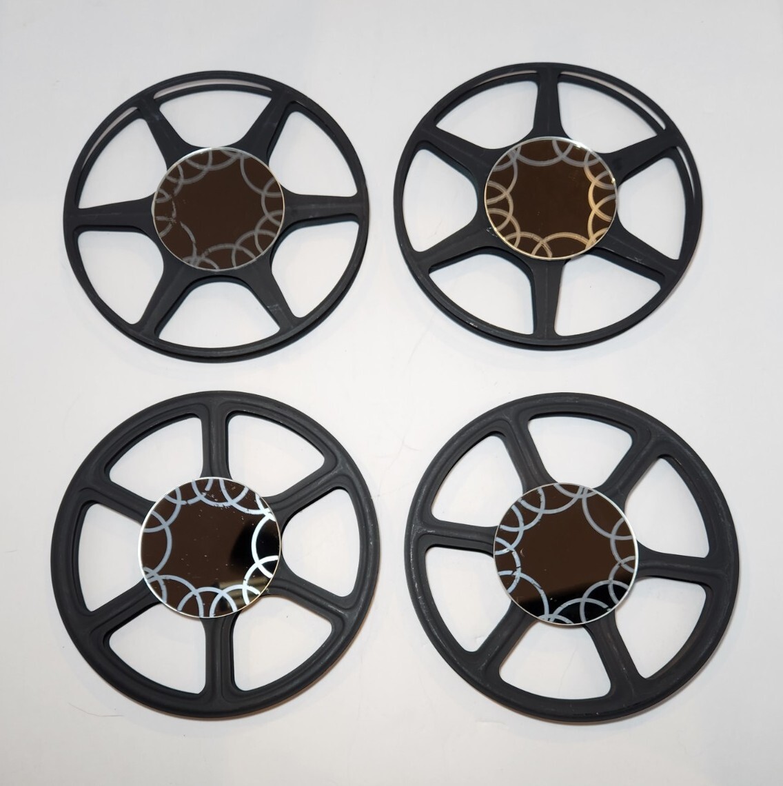 4 VINTAGE Metal Craft Mirror Wall Theater Room Decoration Film / Audio Reels 7”