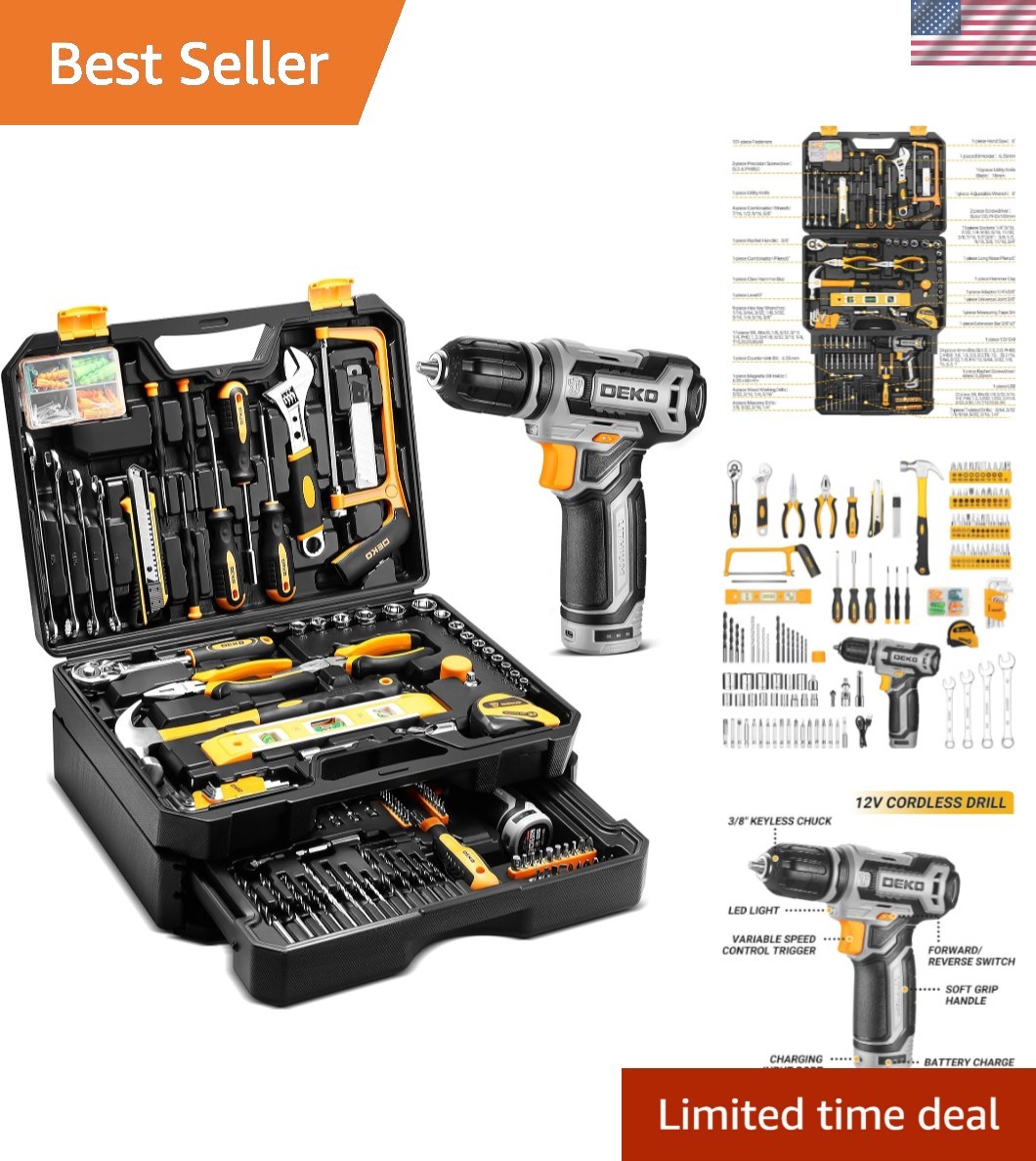 Tool Kit Box Drill Set： Home Mechanic Toolbox with 12V Power Cordless Drill H...