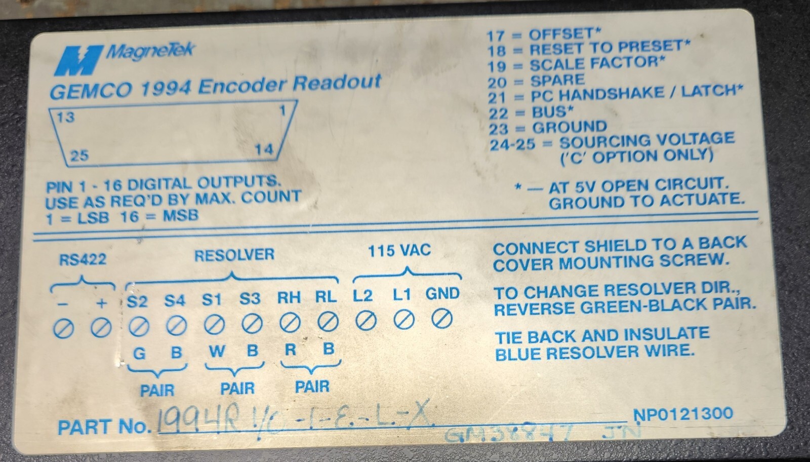 1994R1/0-1-E-L-X NP0121300 MAGNETEK / GEMCO ENCODER READER