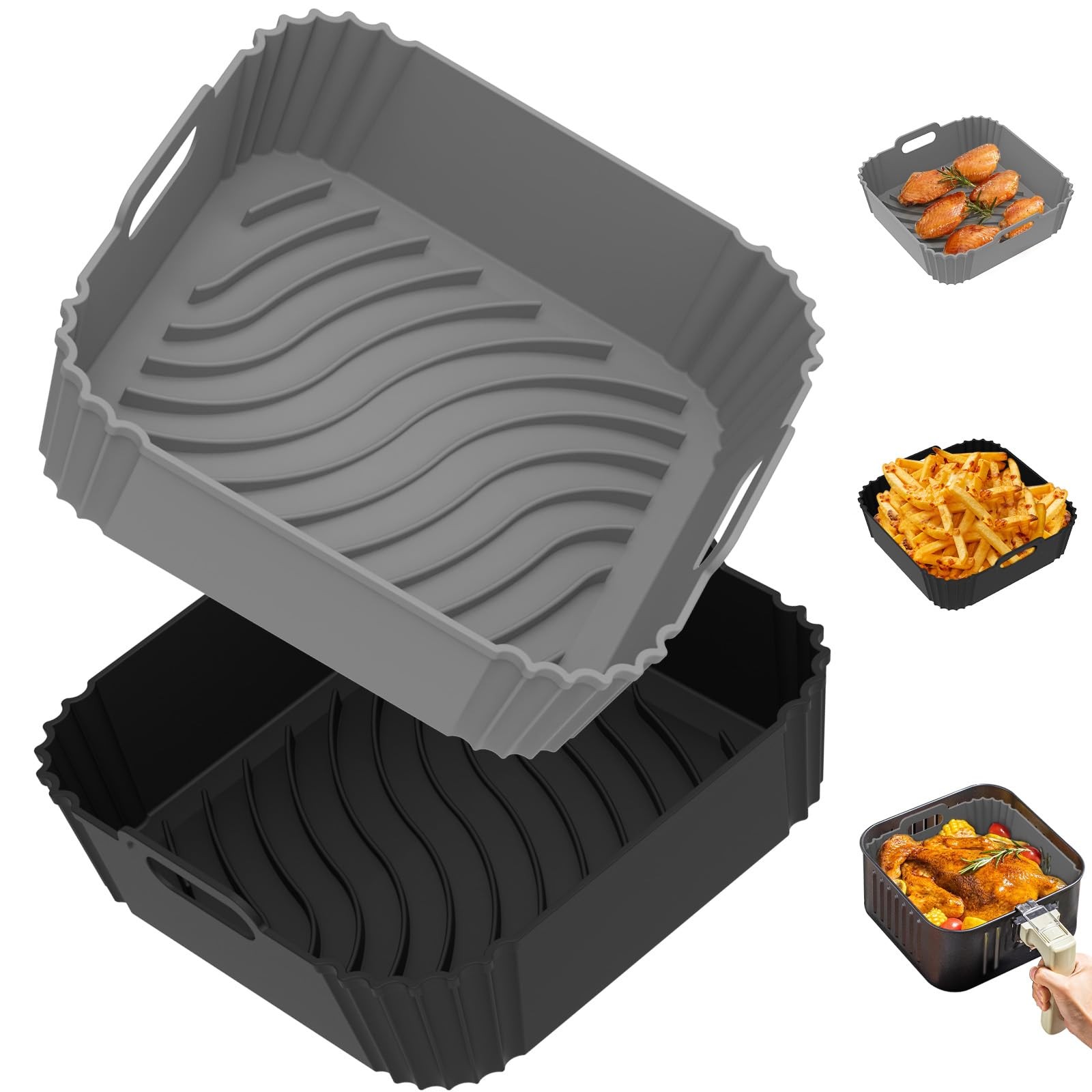 2 Pack Silicone Air Fryer Liners Square Gray Black Reusable 4-5QT Basket