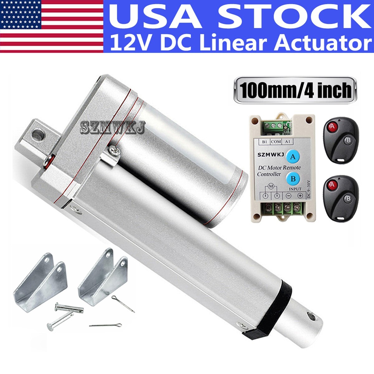 Set of 100mm 4" Stroke 330lbs 12V Linear Actuator &Brackets &Wireless Controller