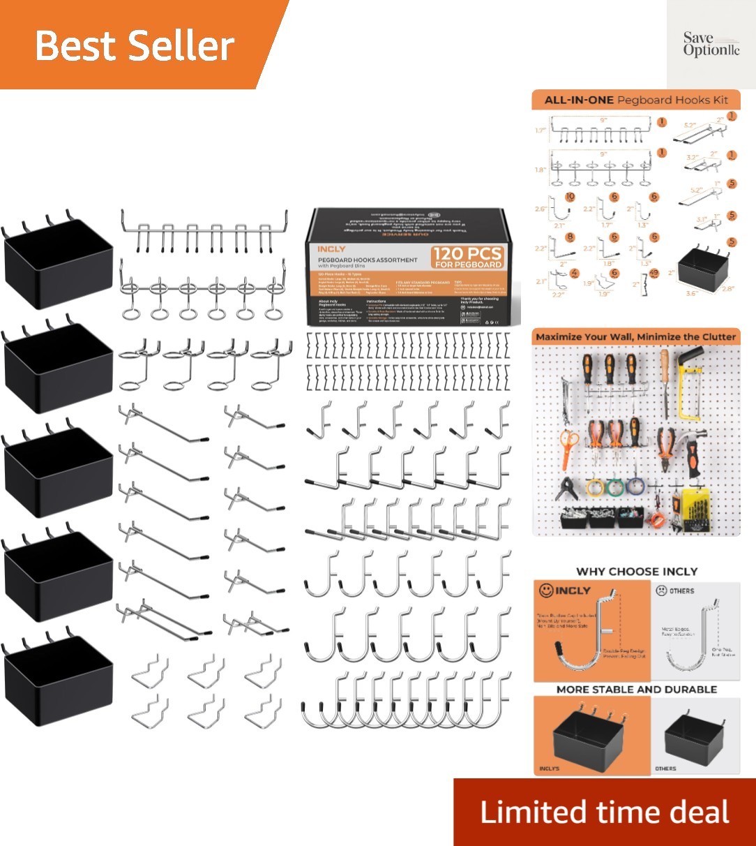 120PCS Pegboard Accessories Organizer Kit, Peg Board Hooks Assortment with Bi...