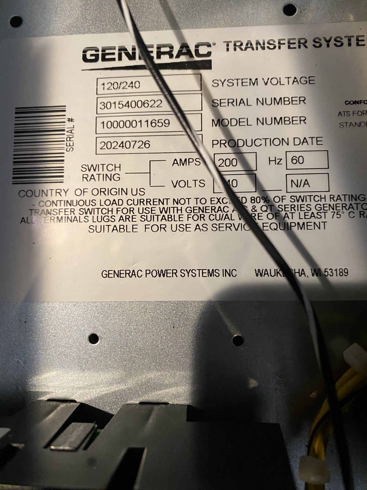 Generac 200 Amp Automatic Transfer Switch Single Phase 120/240 Volt