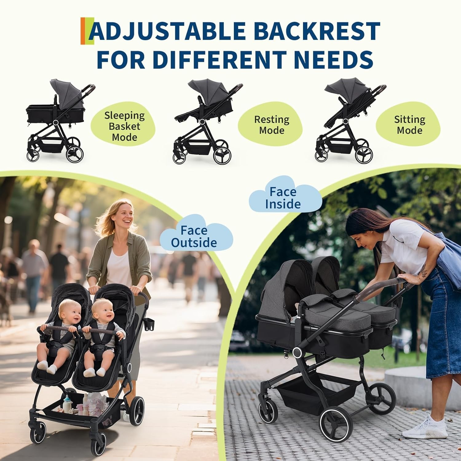 Aluminum Frame Twin Stroller, 5-Point Harness, Adjustable Backrest & All-Weather