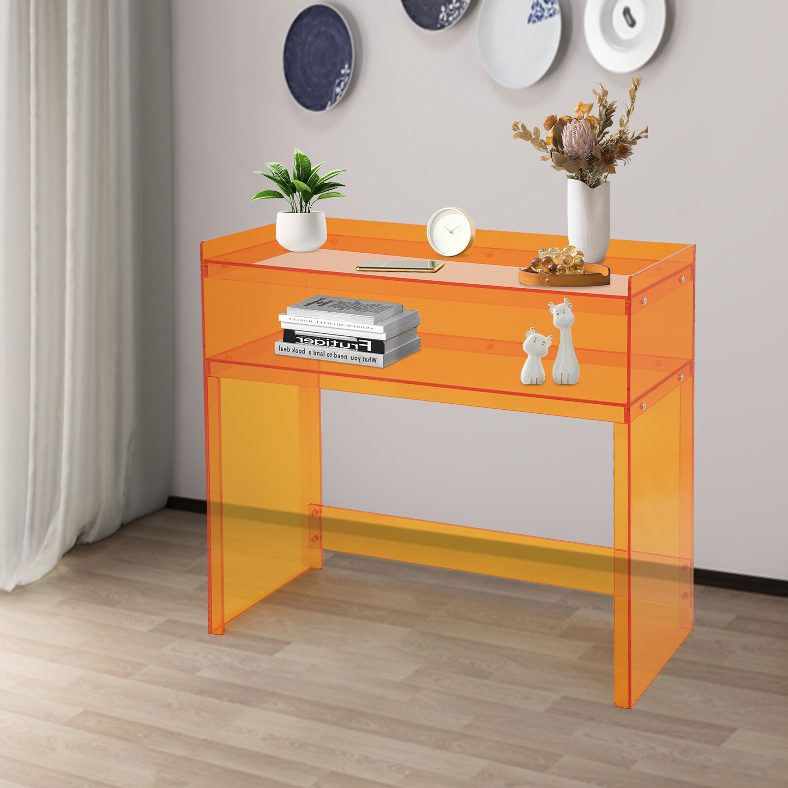Small Entryway Table 2 Tier Acrylic Table Clear Entry Table Orange 100*30*80cm