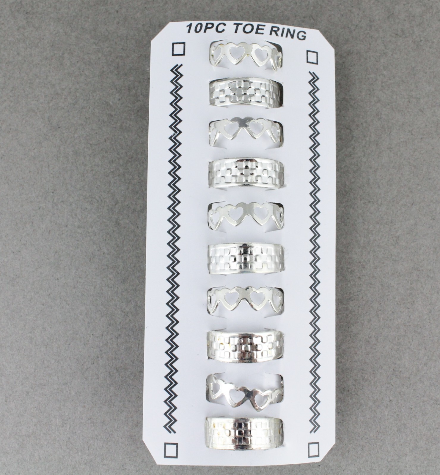 10 Silver toe rings metal toe ring open back adjustable set heart basketweave